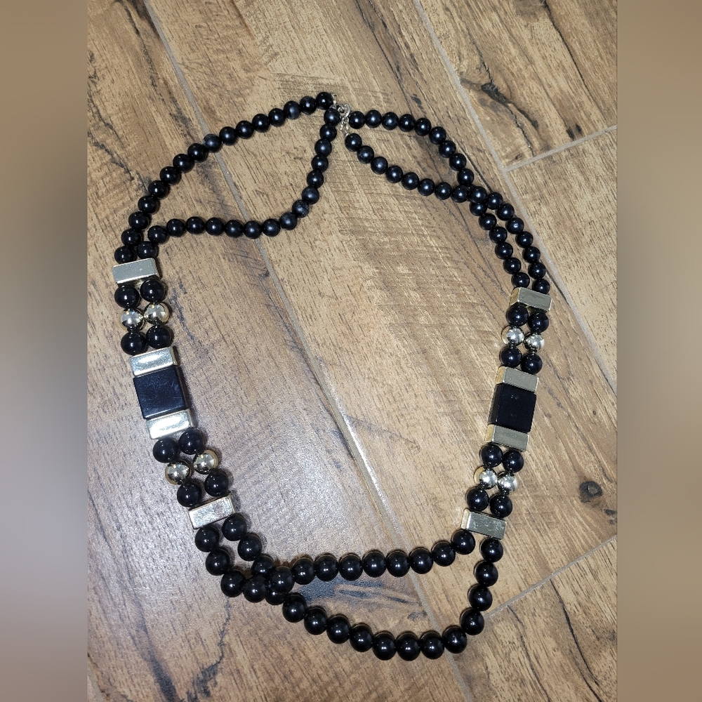 vintage 80s black and chrome beaded necklace